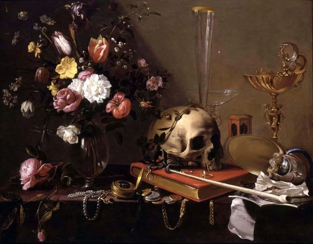 Memento mori flowers - Still Life with Bouquet and Skull, by Adriaen van Utrecht,1642