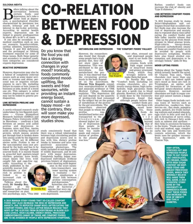 Dr. Sandip Roy quoted in Deccan-Chronicle (Correlation-Food-Depression)