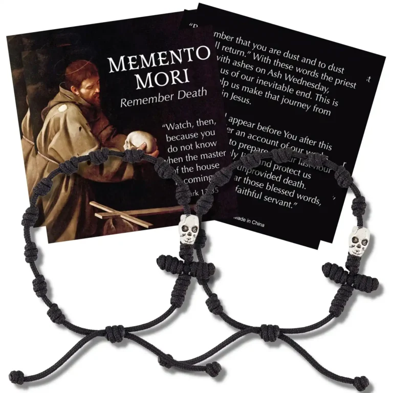 knotted rosary memento mori bracelet with prayer card